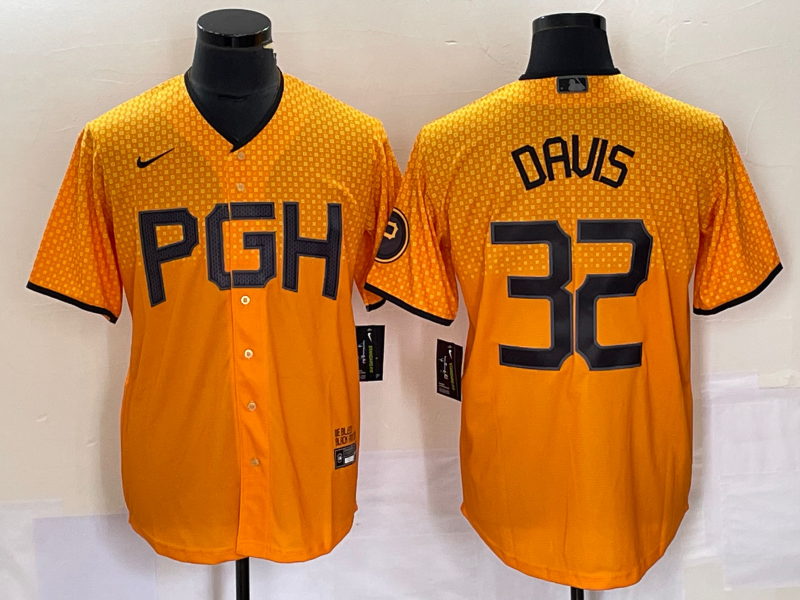 Men's Pittsburgh Pirates #32 Henry Davis Gold 2023 City Connect Stitched Jersey Men's Pittsburgh Pirates #32 Henry Davis Gold 2023 City Connect Stitched Jersey